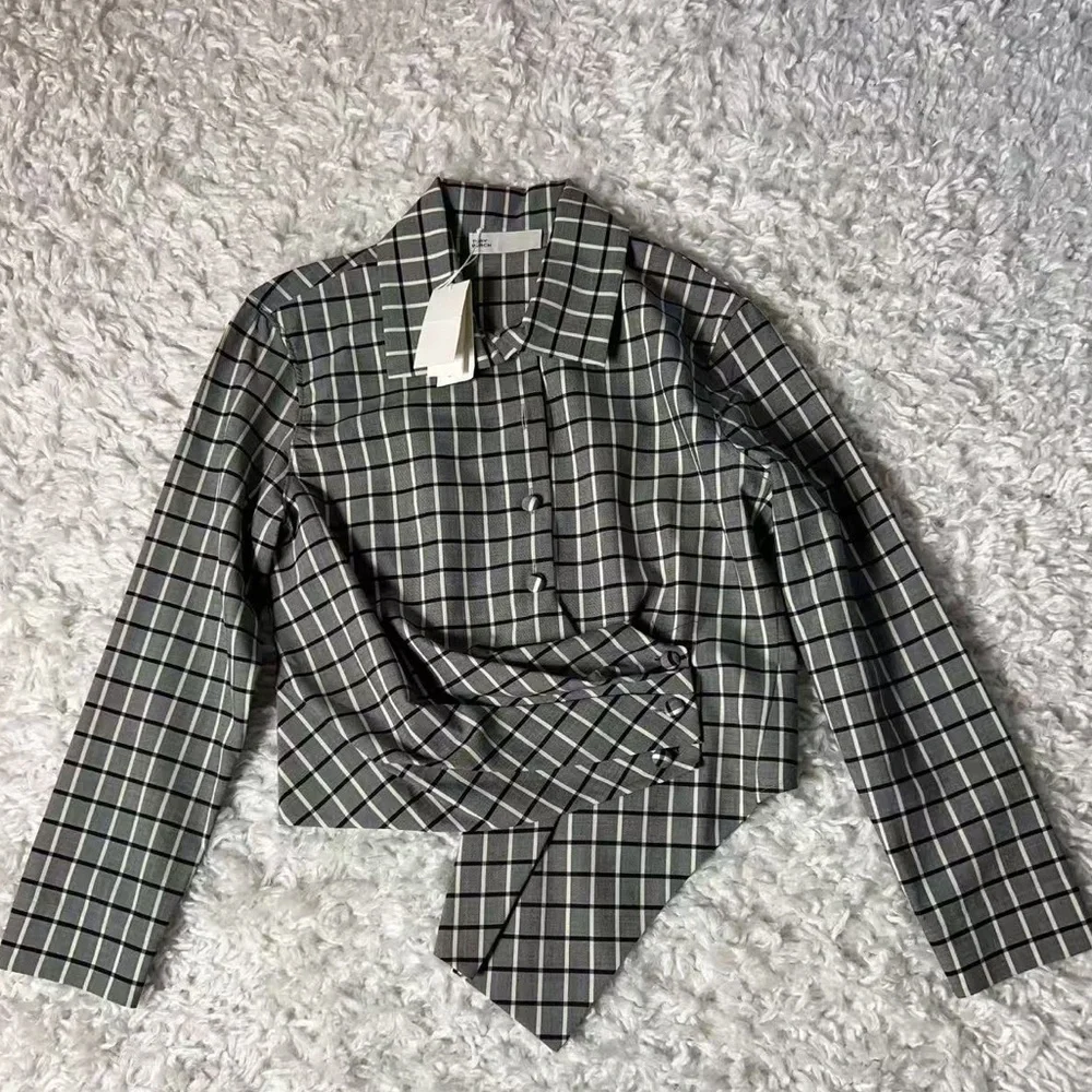 NWT $698 Tory Burch Plaid Asymmetric Wrap Shirt Blouse